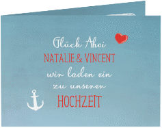 Klick: Details zu Hochzeitseinladung "Ehehafen" anzeigen Hochzeitseinladung "Ehehafen" A6 Klappkarte Quer blau