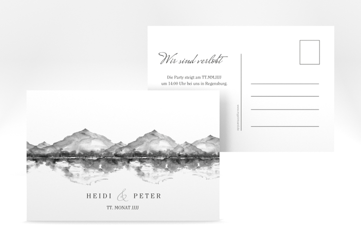 Verlobungskarte Hochzeit Bergliebe A6 Postkarte grau mit Gebirgspanorama für Berghochzeit