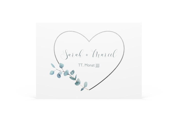 Save the Date-Visitenkarte Greenheart Visitenkarte quer grau hochglanz mit elegantem Herz und Eukalyptus-Zweig