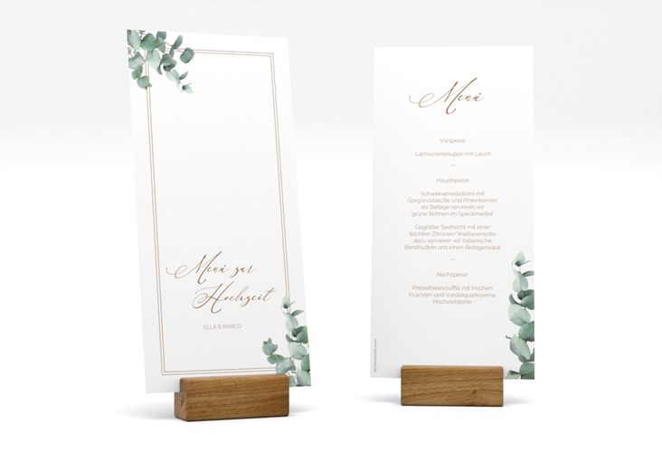 Menükarte Hochzeit Eucalypt lange Karte hoch mit Eukalyptus und edlem Rahmen