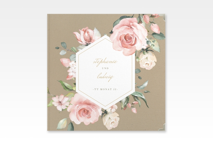 Gästebuch Selection Hochzeit Graceful Leinen-Hardcover Kraftpapier mit Rosenblüten in Rosa und Weiß