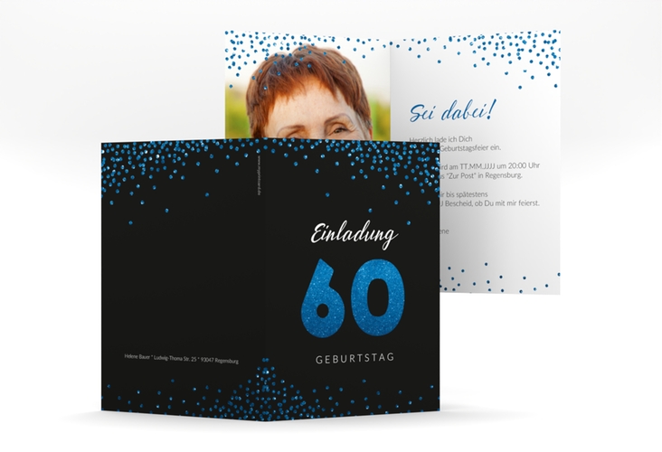 Einladung 60. Geburtstag Glitzer A6 Klappkarte hoch blau