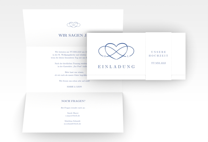 Hochzeitseinladung Infinity Wickelfalzkarte + Banderole blau