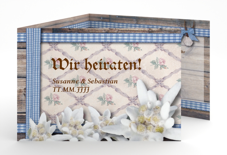 Einladungskarte Hochzeit Bayern A6 Doppel-Klappkarte blau mit Edelweiß in rustikaler Holz-Optik
