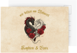Antwortkarte Hochzeit Drachenliebe A6 Postkarte beige mit schwarzem und weißem Drachen zu einem Herz verschlungen
