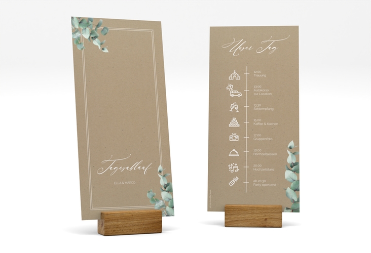 Tagesablauf Hochzeit Eucalypt lange Karte hoch Kraftpapier hochglanz mit Eukalyptus und edlem Rahmen