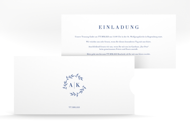 Hochzeitseinladung Filigrana Einsteckkarte blau hochglanz in reduziertem Design mit Initialen und zartem Blätterkranz