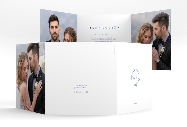 Dankeskarte Hochzeit Filigrana quadr. Doppel-Klappkarte blau hochglanz in reduziertem Design mit Initialen und zartem Blätterkranz