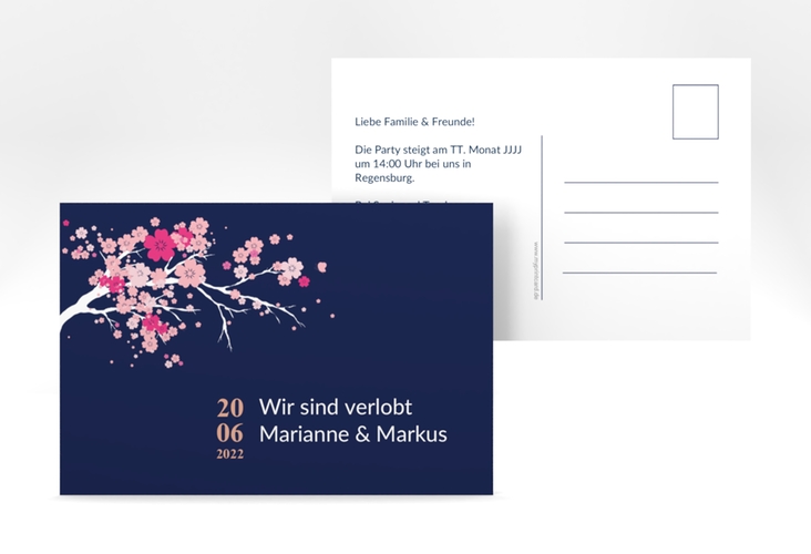Verlobungskarte Hochzeit Sakura A6 Postkarte blau