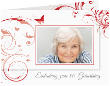 Einladung 80. Geburtstag Papillon A6 Klappkarte quer rot