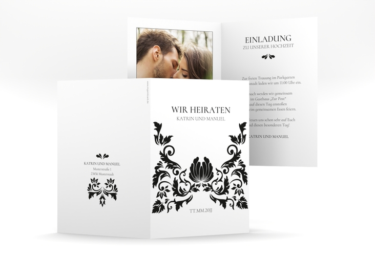 Einladungskarte Hochzeit Royal A6 Klappkarte hoch weiss mit barockem Blumen-Ornament