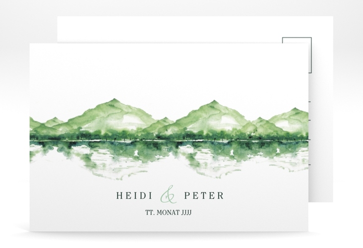 Antwortkarte Hochzeit Bergliebe A6 Postkarte gruen mit Gebirgspanorama für Berghochzeit