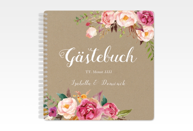 Gästebuch Hochzeit Flowers Ringbindung Kraftpapier mit bunten Aquarell-Blumen