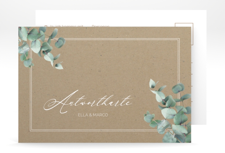 Antwortkarte Hochzeit Eucalypt A6 Postkarte Kraftpapier hochglanz mit Eukalyptus und edlem Rahmen