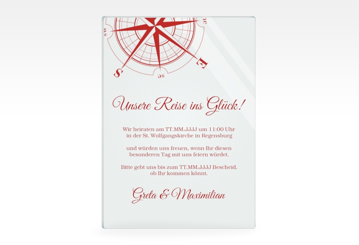 Acryl-Hochzeitseinladung Windrose Acrylkarte hoch rot hochglanz
