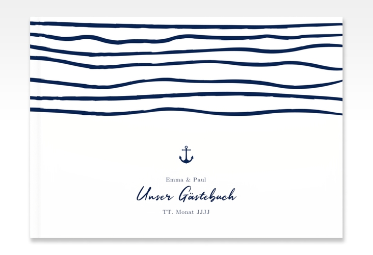 Gästebuch A4 quer Liebesanker A4 quer, Hardcover blau mit maritimem Streifenmuster und kleinem Anker