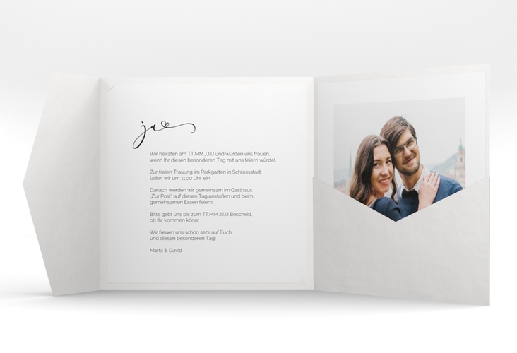 Hochzeitseinladung Jawort Pocketfold weiss modern minimalistisch mit veredelter Aufschrift