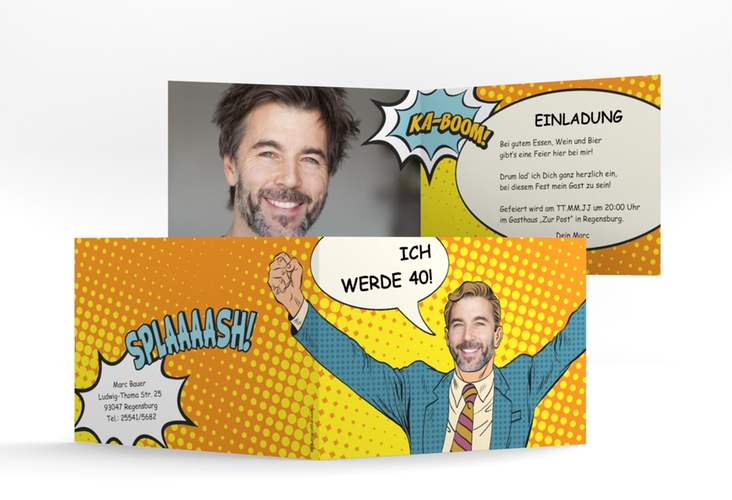 Einladung 40. Geburtstag Popart Man A6 Klappkarte quer