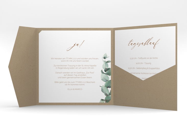Hochzeitseinladung Eucalypt Pocketfold weiss mit Eukalyptus und edlem Rahmen