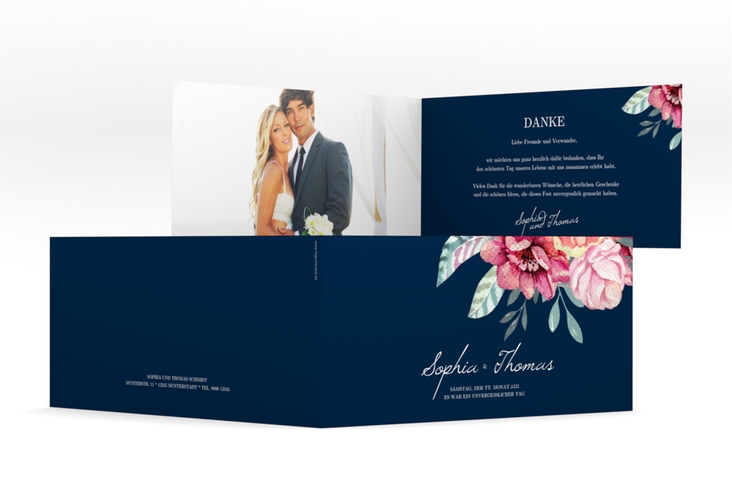Dankeskarte HochzeitBlooming lange Klappkarte quer blau hochglanz