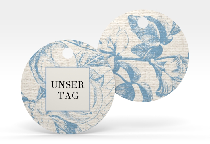 Geschenkanhänger Hochzeit Toile Geschenkanhänger, rund mit Blättermuster im Toile-de-Jouy-Stil