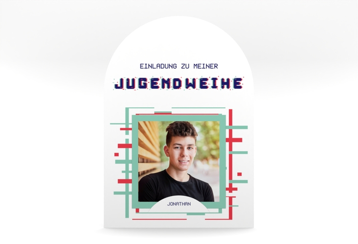 Einladung Jugendweihe Glitch mittlere Bogen-Karte + Foto weiss