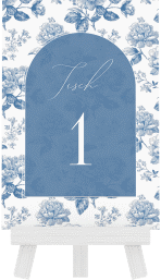 Tischnummer Hochzeit Blue Floral Tischaufsteller blau mit blauem Blumenmuster auf weißem Grund