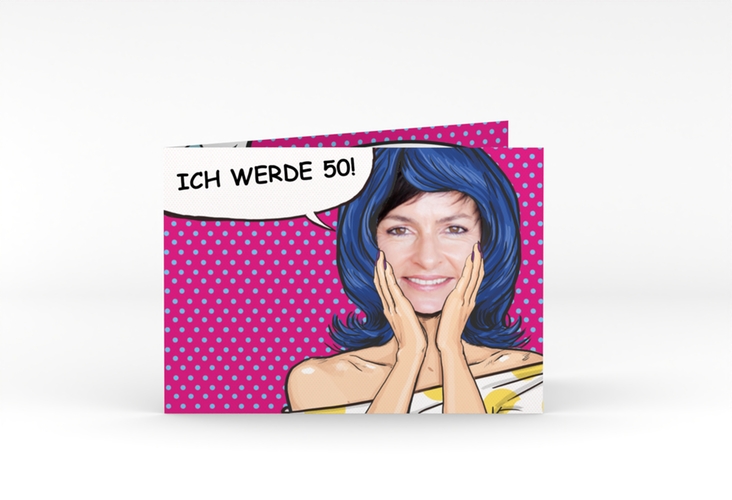 Einladung 50. Geburtstag Popart Woman A6 Klappkarte quer