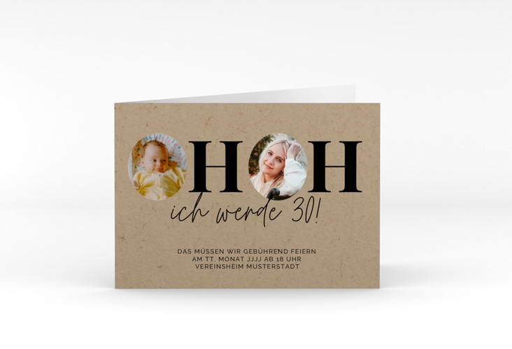 Einladung 30. Geburtstag Hoppla A6 Klappkarte quer Kraftpapier hochglanz