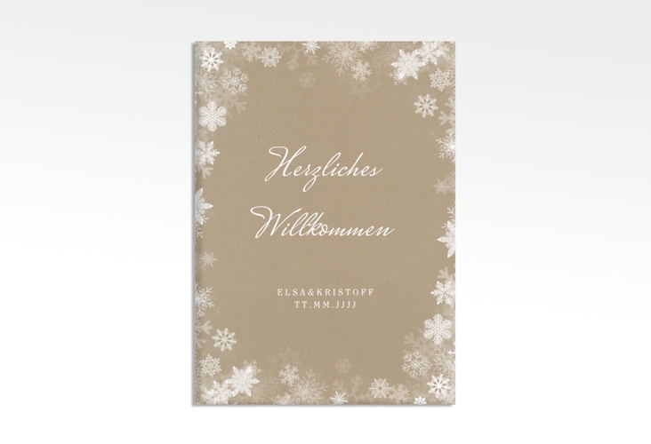 Willkommensschild Hochzeit Snowfall 50 x 70 cm Leinwand Kraftpapier mit Schneeflocken für Winterhochzeit