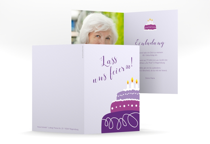 Einladung 80. Geburtstag Cake A6 Klappkarte hoch flieder hochglanz