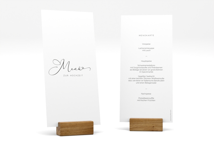 Menükarte Hochzeit Jawort lange Karte hoch weiss modern minimalistisch mit veredelter Aufschrift