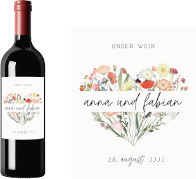 Weinetikett zur Hochzeit Wildblumenherz Etikett Weinflasche 4er Set bunt