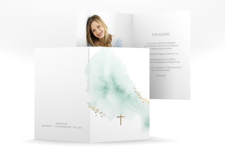 Konfirmationseinladung Sacrament A6 Klappkarte hoch mint in elegantem Aquarell-Look