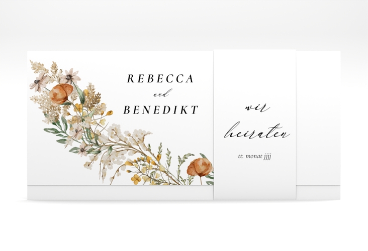 Hochzeitseinladung Wildfang Wickelfalzkarte + Banderole weiss mit getrockneten Wiesenblumen