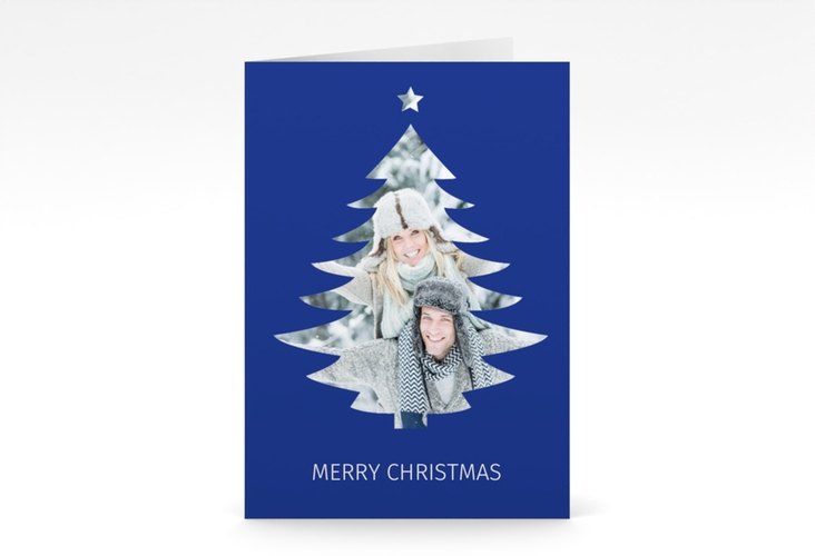 Weihnachtskarte Tanne A6 Klappkarte hoch blau hochglanz