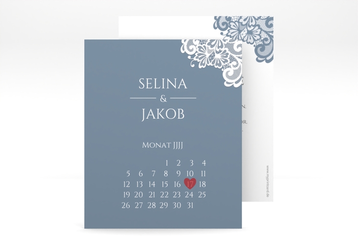 Save the Date-Kalenderblatt Vintage Kalenderblatt-Karte blau mit floraler Spitze