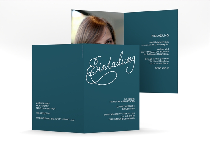 Einladung Geburtstag Schwungvoll A6 Klappkarte hoch blau