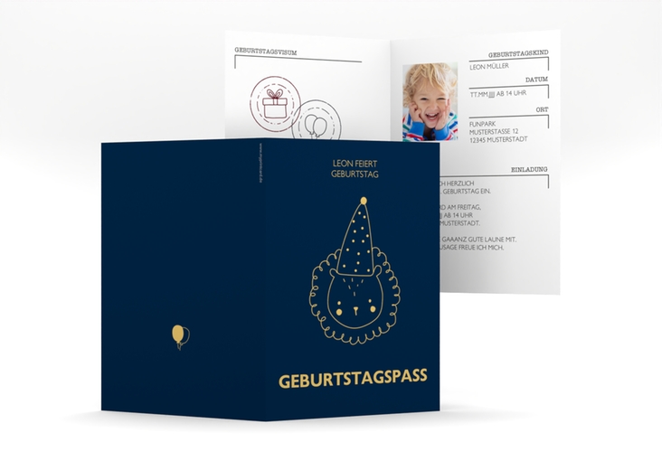 Einladungskarte Kindergeburtstag Geburtstagspass A6 Klappkarte hoch blau