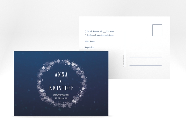 Antwortkarte Hochzeit Winterdream A6 Postkarte blau hochglanz mit Eisblumen