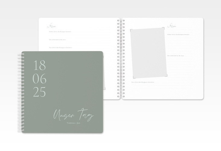 Gästebuch Hochzeit Day Ringbindung gruen mit Datum im minimalistischen Design