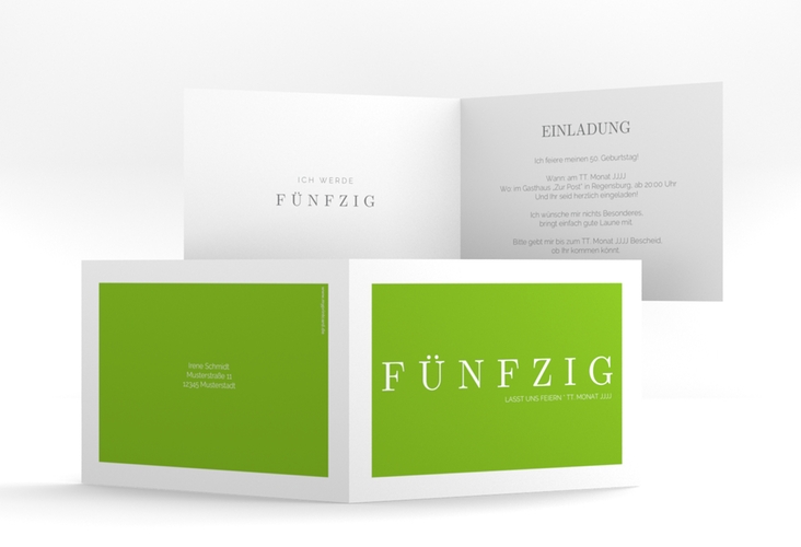 Einladung 50. Geburtstag Schlicht A6 Klappkarte quer gruen hochglanz