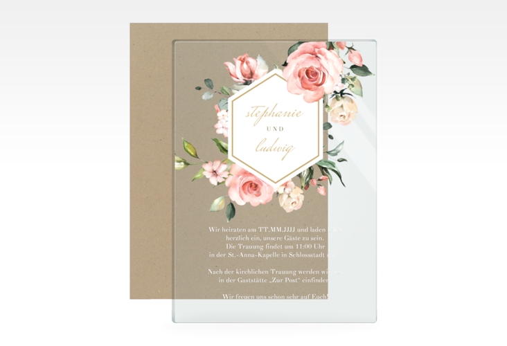 Acryl-Hochzeitseinladung Graceful Acrylkarte + Deckblatt hoch mit Rosenblüten in Rosa und Weiß