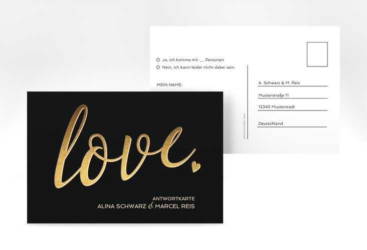 Antwortkarte Hochzeit Glam A6 Postkarte schwarz