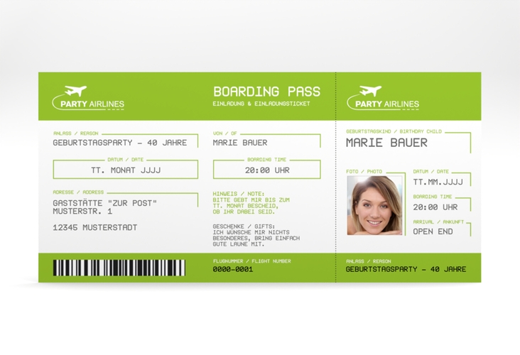 Einladung 40. Geburtstag Boardingpass lange Karte quer gruen