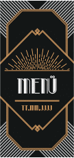Menükarte Geburtstag Glamour lange Karte hoch schwarz im Art Déco Stil der 20er Jahre