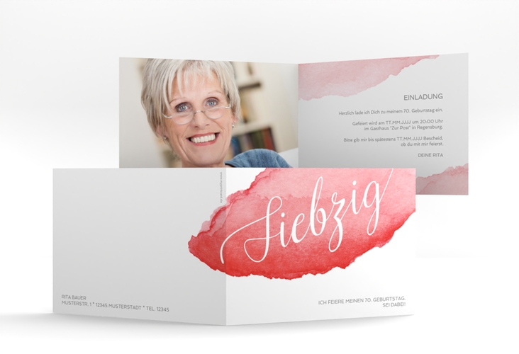 Einladung 70. Geburtstag Aquarell A6 Klappkarte quer rot hochglanz