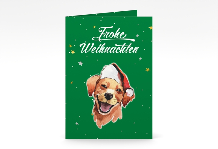 Weihnachtskarte Frosty A6 Klappkarte hoch gruen mit Hund mit Nikolausmütze