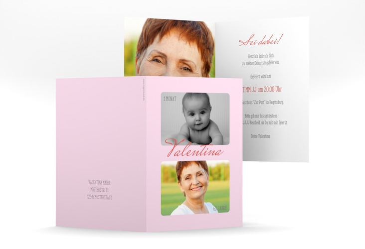 Einladung 60. Geburtstag Zeitlos A6 Klappkarte hoch rosa mit Damals- und Heute-Fotos