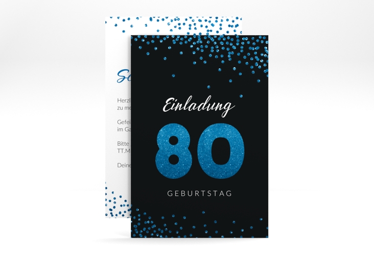 Einladung 80. Geburtstag Glitzer A6 Karte hoch blau hochglanz